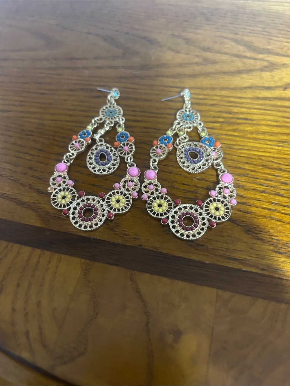 Boho Filigree Drop Earrings - Pink & Blue
